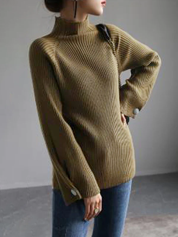 Simple Loose Solid Color High-Neck Sweater - Image 7