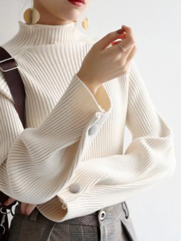 Simple Loose Solid Color High-Neck Sweater - Image 8