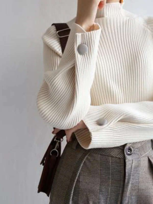 Simple Loose Solid Color High-Neck Sweater - Image 9