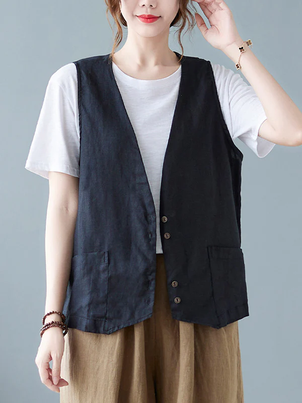 Simple Loose V-Neck Solid Color Vest - Image 3
