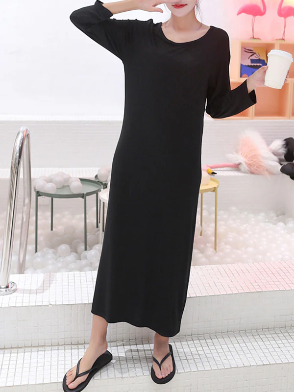 Simple Modal Solid Color Round-Neck Long Sleeves Midi Dress - Image 10