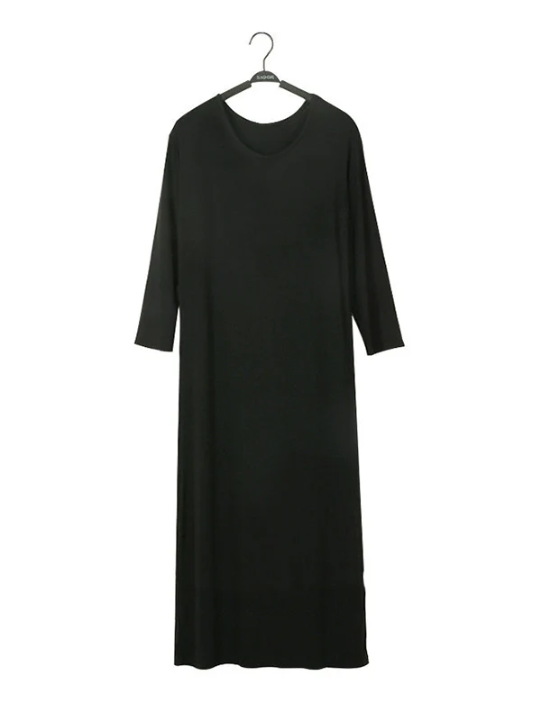 Simple Modal Solid Color Round-Neck Long Sleeves Midi Dress - Image 14