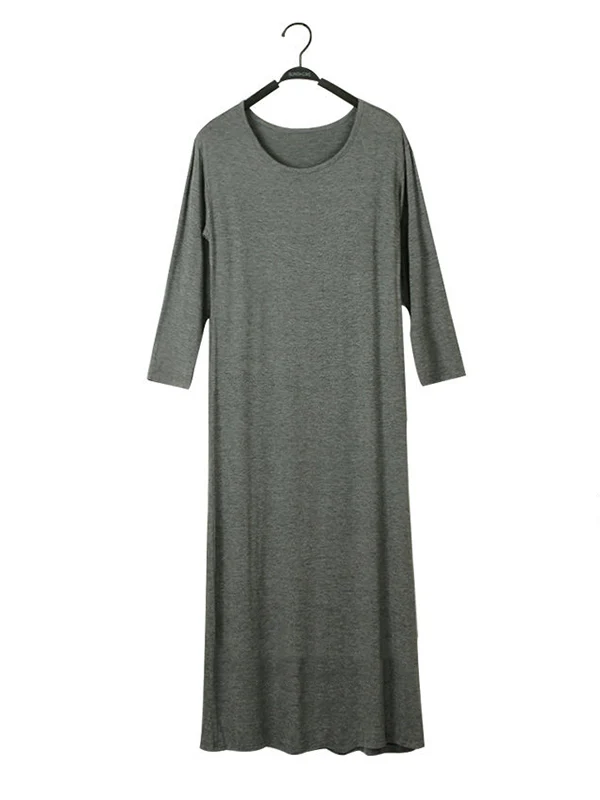 Simple Modal Solid Color Round-Neck Long Sleeves Midi Dress - Image 17