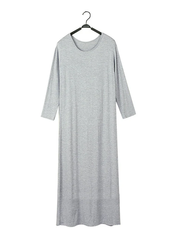 Simple Modal Solid Color Round-Neck Long Sleeves Midi Dress - Image 18