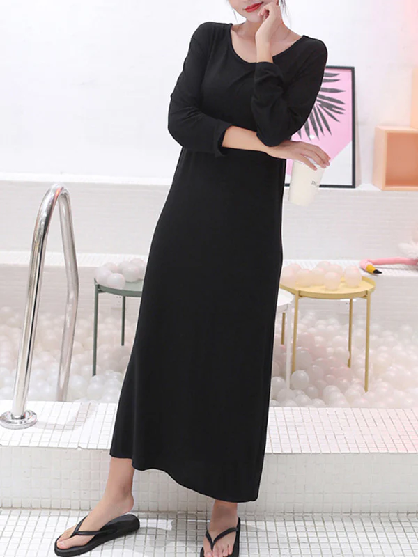 Simple Modal Solid Color Round-Neck Long Sleeves Midi Dress - Image 2