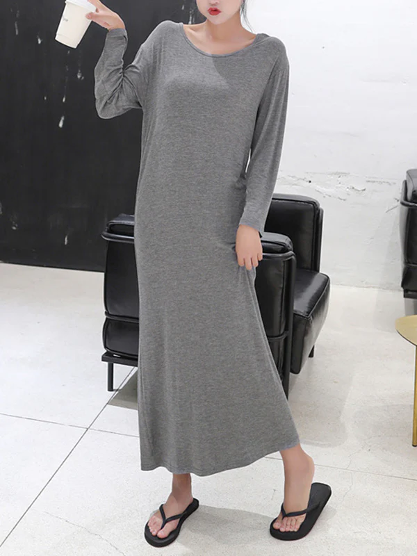 Simple Modal Solid Color Round-Neck Long Sleeves Midi Dress - Image 3