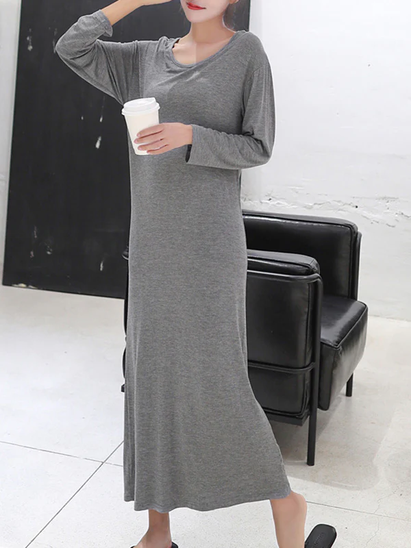 Simple Modal Solid Color Round-Neck Long Sleeves Midi Dress - Image 4