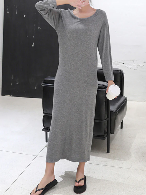 Simple Modal Solid Color Round-Neck Long Sleeves Midi Dress - Image 6