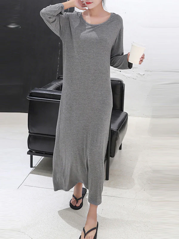 Simple Modal Solid Color Round-Neck Long Sleeves Midi Dress - Image 7