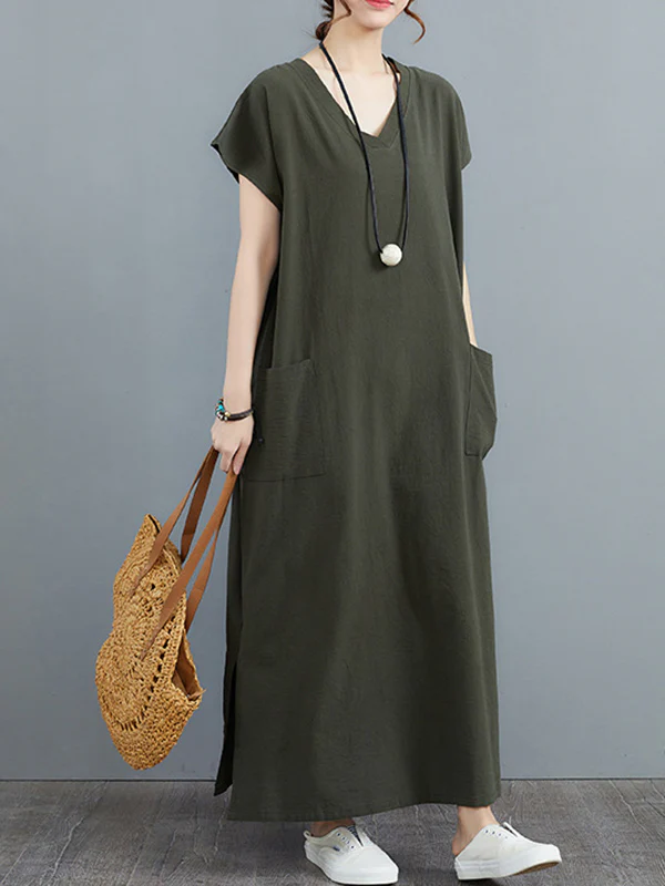 Simple Ramie Cotton Solid Color Split-Side With Pocket V-Neck Short Sleeves Maxi Dress - Image 10