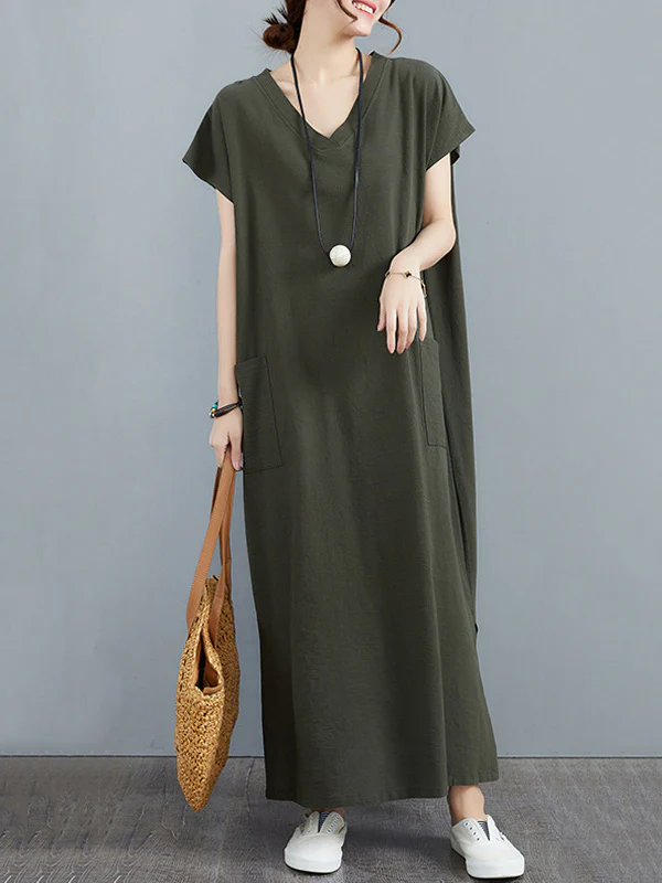 Simple Ramie Cotton Solid Color Split-Side With Pocket V-Neck Short Sleeves Maxi Dress - Image 11