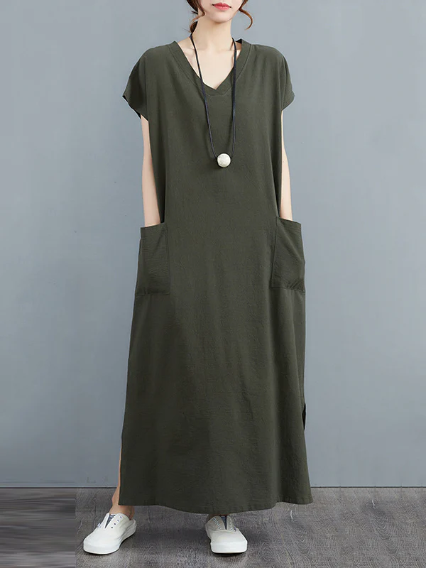 Simple Ramie Cotton Solid Color Split-Side With Pocket V-Neck Short Sleeves Maxi Dress - Image 12