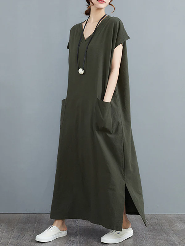 Simple Ramie Cotton Solid Color Split-Side With Pocket V-Neck Short Sleeves Maxi Dress - Image 13