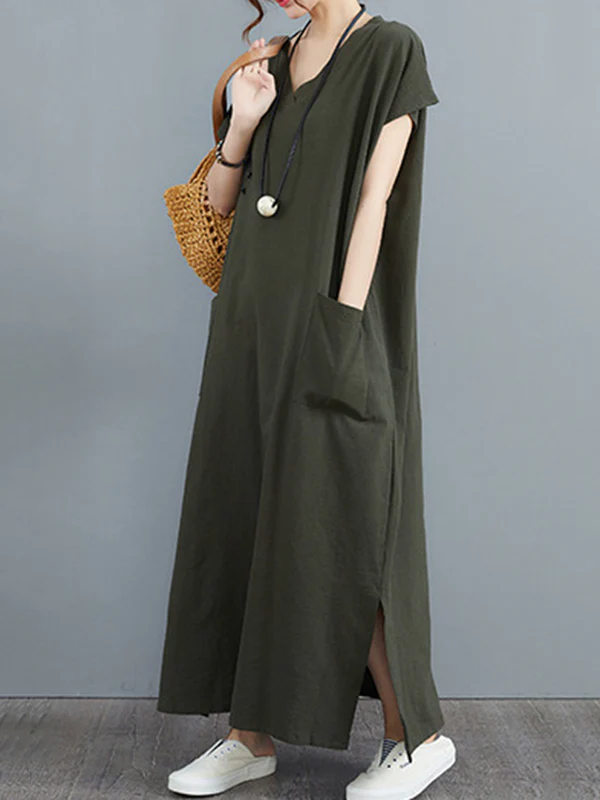 Simple Ramie Cotton Solid Color Split-Side With Pocket V-Neck Short Sleeves Maxi Dress - Image 14