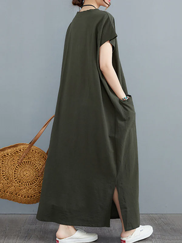 Simple Ramie Cotton Solid Color Split-Side With Pocket V-Neck Short Sleeves Maxi Dress - Image 15