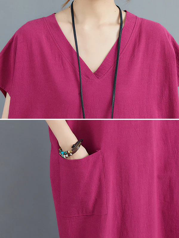 Simple Ramie Cotton Solid Color Split-Side With Pocket V-Neck Short Sleeves Maxi Dress - Image 16