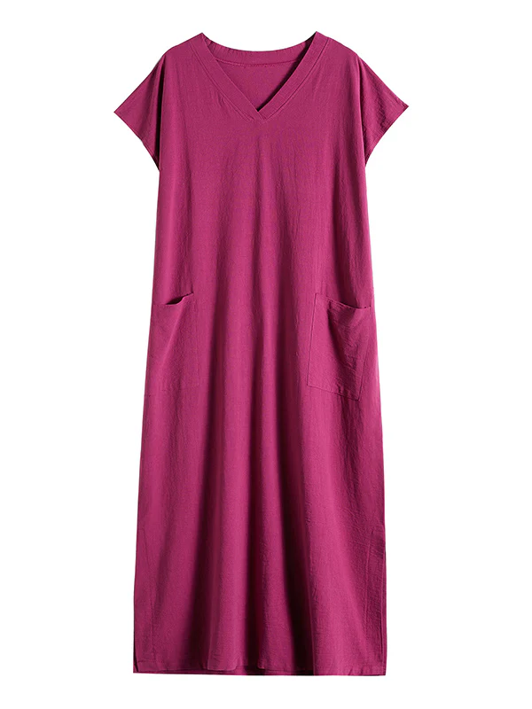 Simple Ramie Cotton Solid Color Split-Side With Pocket V-Neck Short Sleeves Maxi Dress - Image 17