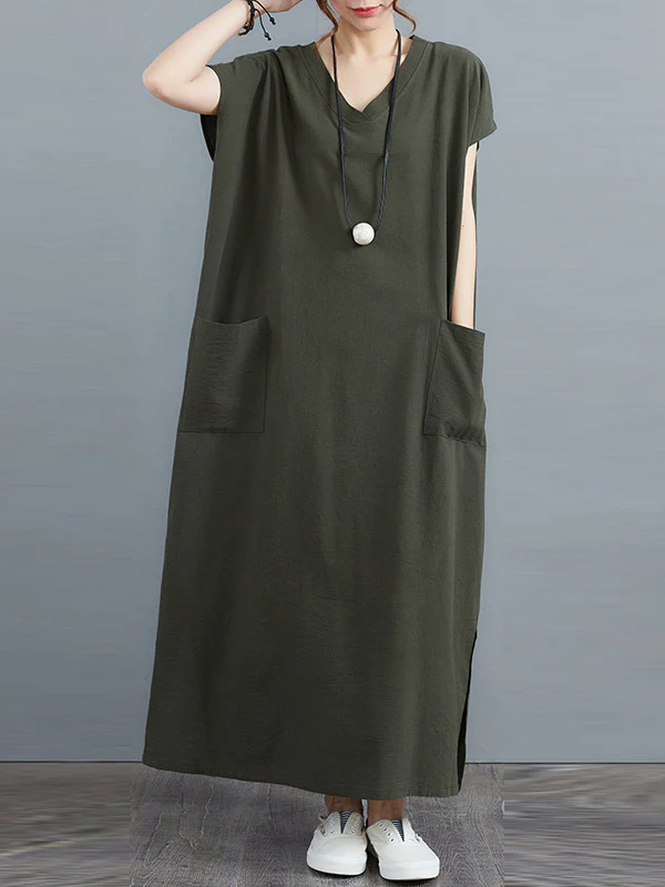 Simple Ramie Cotton Solid Color Split-Side With Pocket V-Neck Short Sleeves Maxi Dress - Image 2