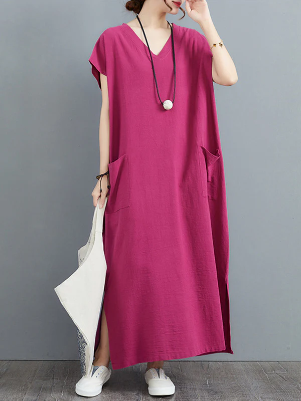 Simple Ramie Cotton Solid Color Split-Side With Pocket V-Neck Short Sleeves Maxi Dress - Image 3