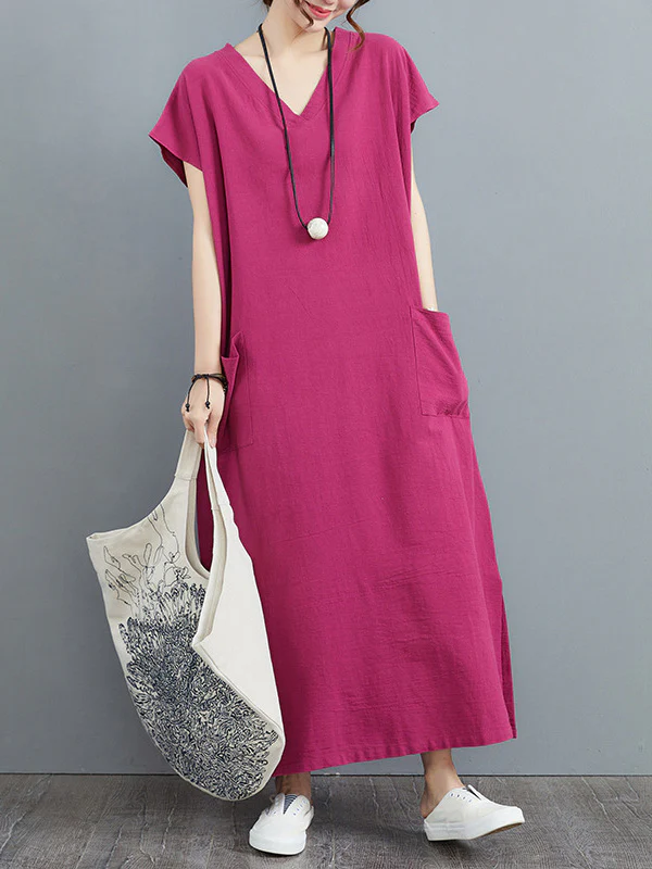 Simple Ramie Cotton Solid Color Split-Side With Pocket V-Neck Short Sleeves Maxi Dress - Image 4