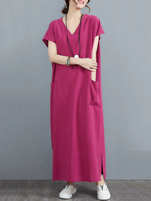 Simple Ramie Cotton Solid Color Split-Side With Pocket V-Neck Short Sleeves Maxi Dress - Image 5