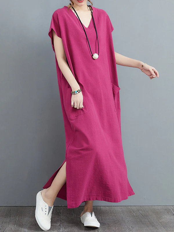 Simple Ramie Cotton Solid Color Split-Side With Pocket V-Neck Short Sleeves Maxi Dress - Image 6