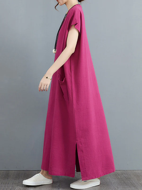 Simple Ramie Cotton Solid Color Split-Side With Pocket V-Neck Short Sleeves Maxi Dress - Image 7