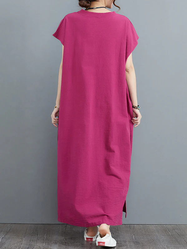 Simple Ramie Cotton Solid Color Split-Side With Pocket V-Neck Short Sleeves Maxi Dress - Image 8