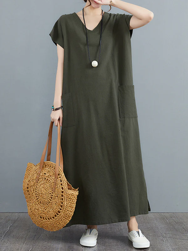 Simple Ramie Cotton Solid Color Split-Side With Pocket V-Neck Short Sleeves Maxi Dress - Image 9