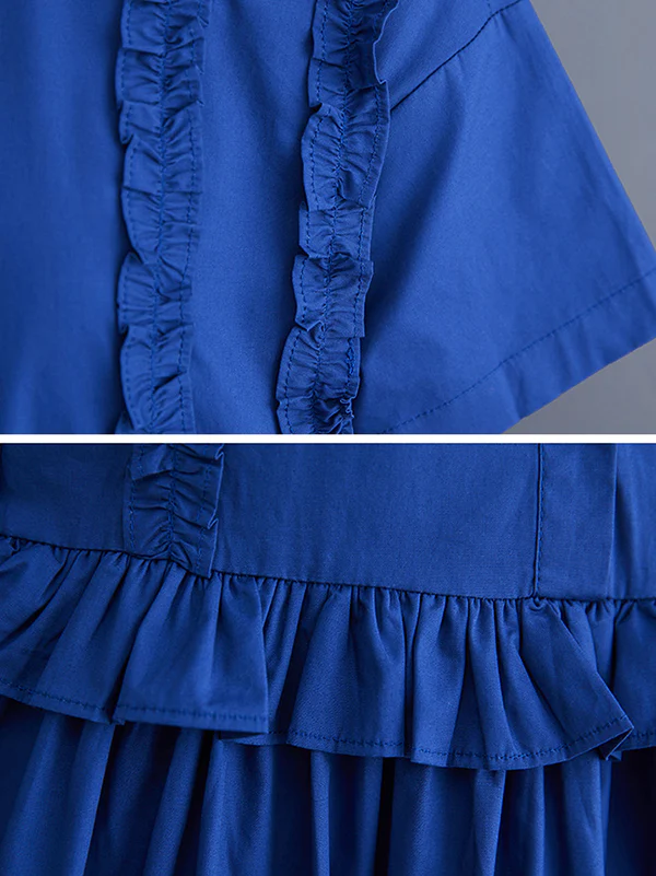 Simple Short Sleeves Loose Buttoned Falbala Split-Joint Solid Color Midi Shirt Dress - Image 10