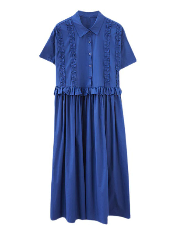 Simple Short Sleeves Loose Buttoned Falbala Split-Joint Solid Color Midi Shirt Dress - Image 12