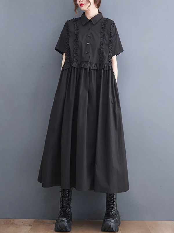 Simple Short Sleeves Loose Buttoned Falbala Split-Joint Solid Color Midi Shirt Dress - Image 2