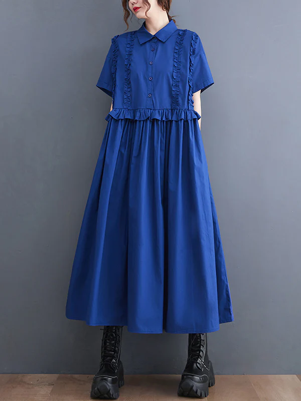 Simple Short Sleeves Loose Buttoned Falbala Split-Joint Solid Color Midi Shirt Dress - Image 3