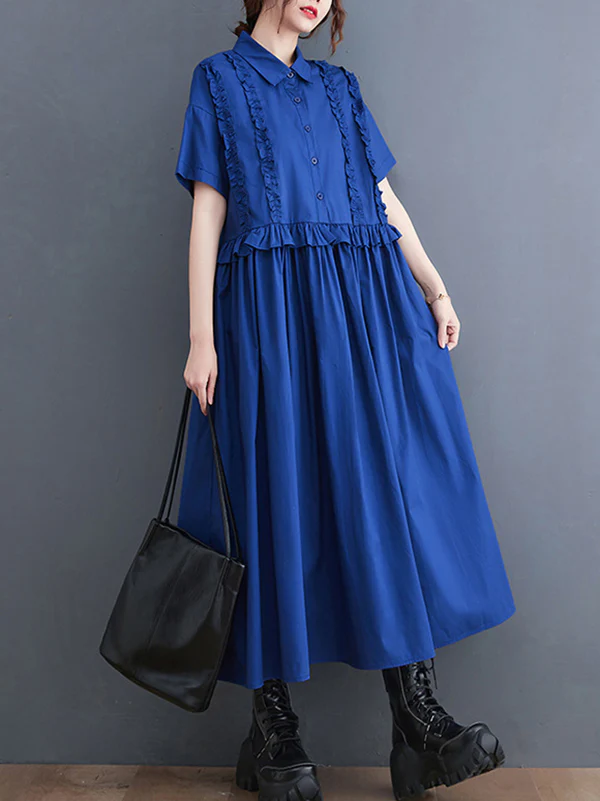 Simple Short Sleeves Loose Buttoned Falbala Split-Joint Solid Color Midi Shirt Dress - Image 4