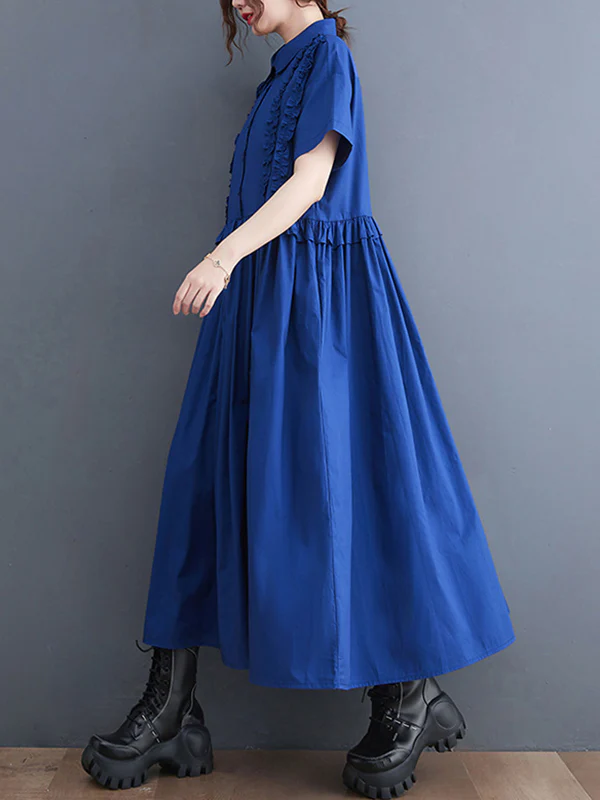 Simple Short Sleeves Loose Buttoned Falbala Split-Joint Solid Color Midi Shirt Dress - Image 5