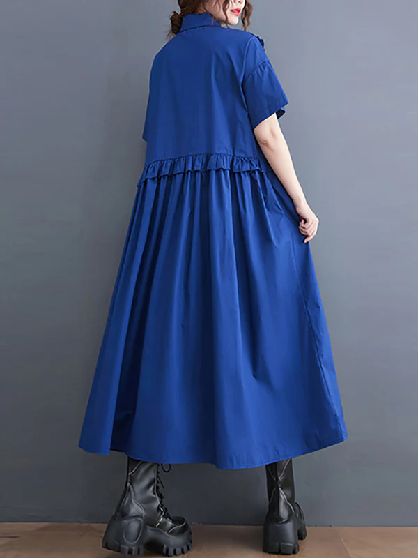 Simple Short Sleeves Loose Buttoned Falbala Split-Joint Solid Color Midi Shirt Dress - Image 6