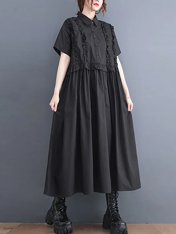 Simple Short Sleeves Loose Buttoned Falbala Split-Joint Solid Color Midi Shirt Dress - Image 7
