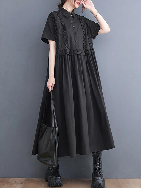 Simple Short Sleeves Loose Buttoned Falbala Split-Joint Solid Color Midi Shirt Dress - Image 8