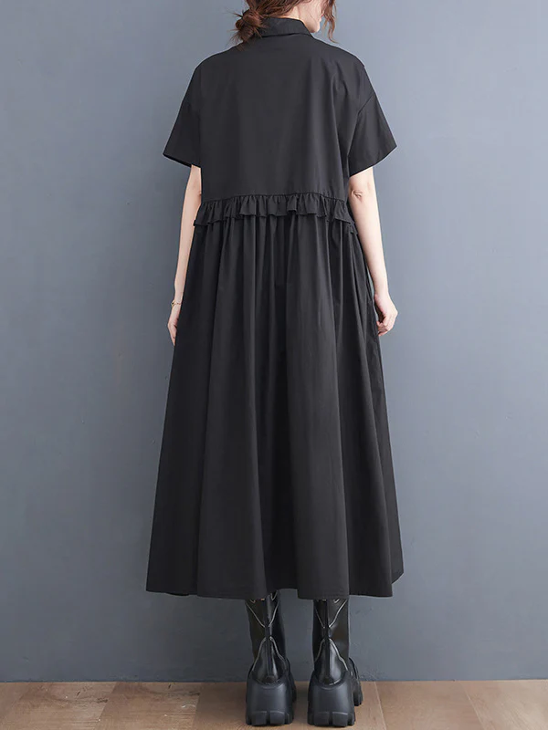 Simple Short Sleeves Loose Buttoned Falbala Split-Joint Solid Color Midi Shirt Dress - Image 9