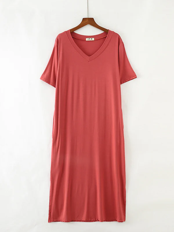 Simple Short Sleeves Loose Split-Side Solid Color V-Neck Pajamas Dress - Image 10