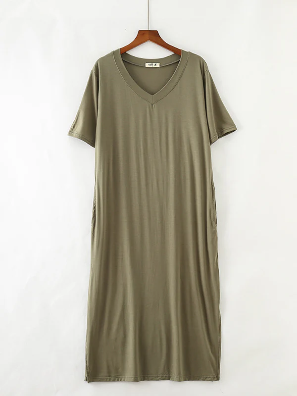 Simple Short Sleeves Loose Split-Side Solid Color V-Neck Pajamas Dress - Image 11