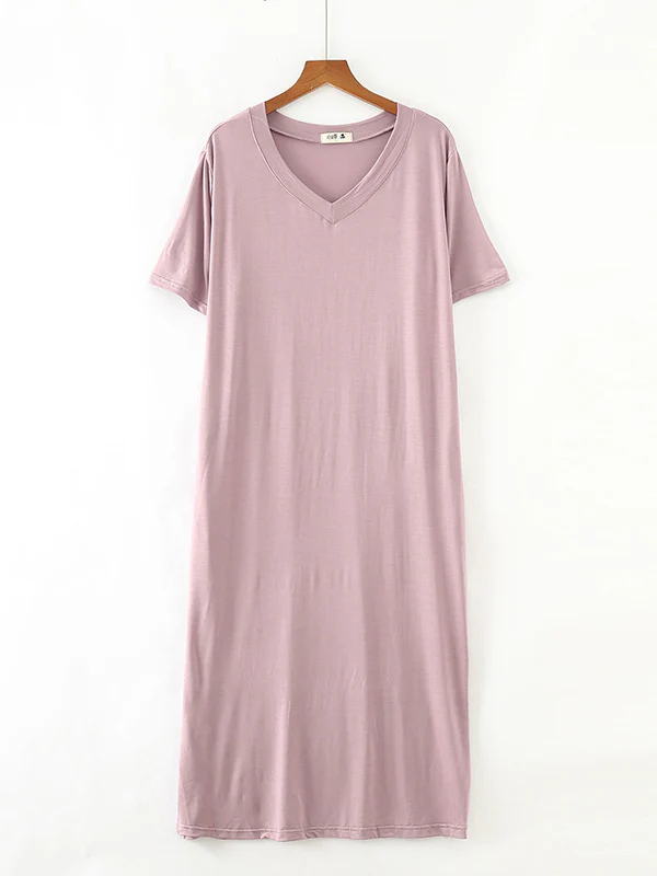 Simple Short Sleeves Loose Split-Side Solid Color V-Neck Pajamas Dress - Image 12