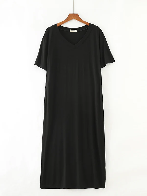 Simple Short Sleeves Loose Split-Side Solid Color V-Neck Pajamas Dress - Image 13