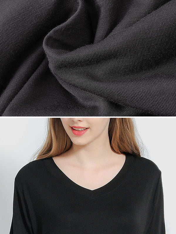Simple Short Sleeves Loose Split-Side Solid Color V-Neck Pajamas Dress - Image 14