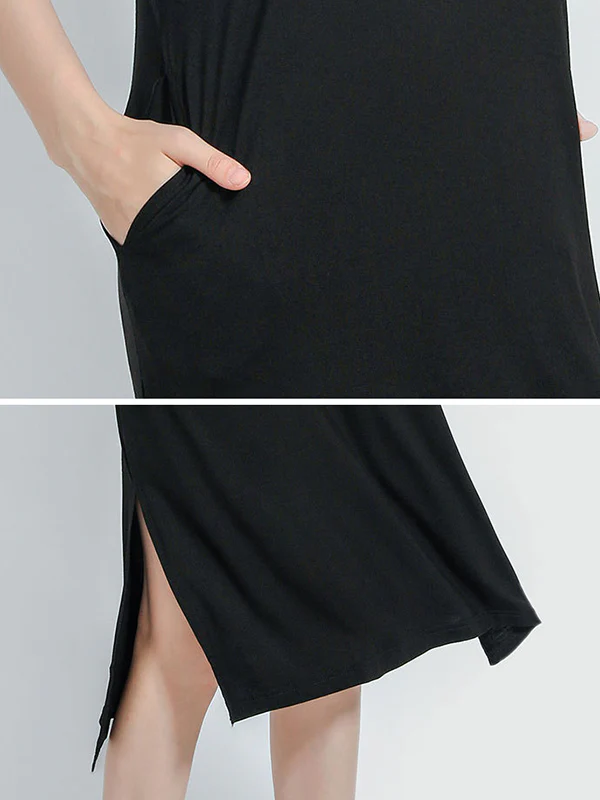 Simple Short Sleeves Loose Split-Side Solid Color V-Neck Pajamas Dress - Image 15