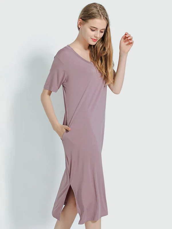 Simple Short Sleeves Loose Split-Side Solid Color V-Neck Pajamas Dress - Image 2