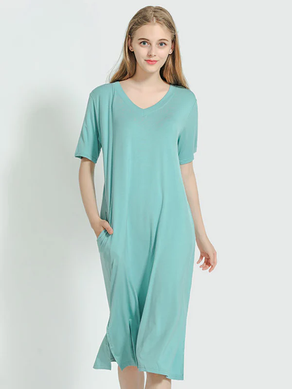 Simple Short Sleeves Loose Split-Side Solid Color V-Neck Pajamas Dress - Image 3