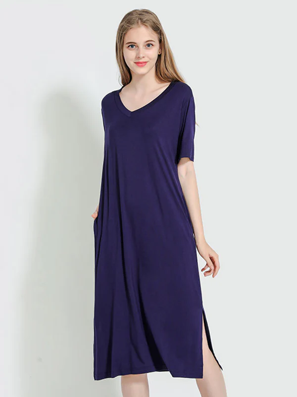 Simple Short Sleeves Loose Split-Side Solid Color V-Neck Pajamas Dress - Image 4