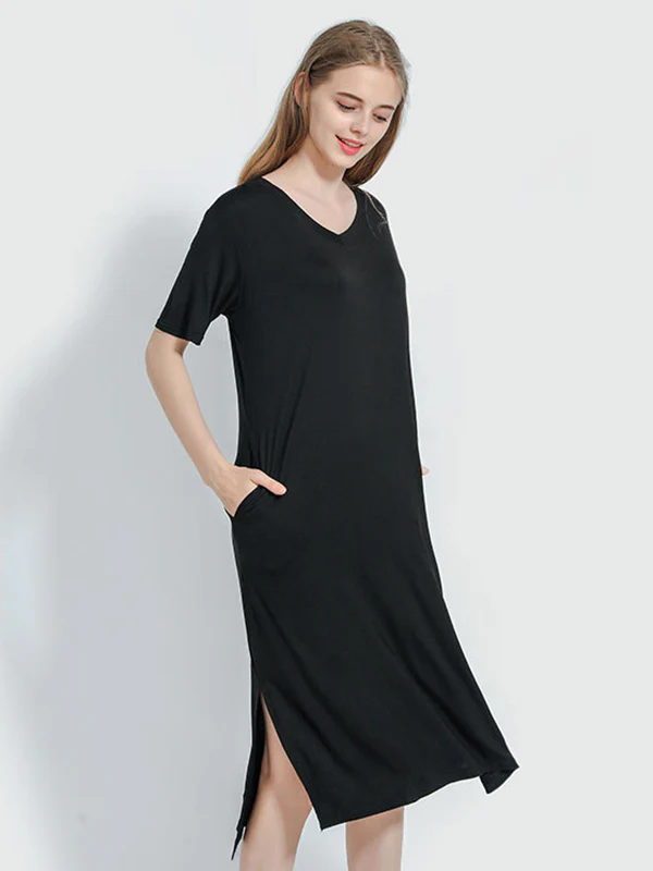 Simple Short Sleeves Loose Split-Side Solid Color V-Neck Pajamas Dress - Image 5