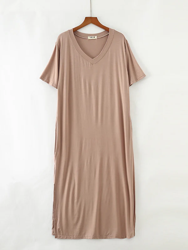 Simple Short Sleeves Loose Split-Side Solid Color V-Neck Pajamas Dress - Image 6